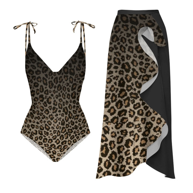 Women's Leopard Print Deep V-Neck One-Piece Swimsuit with Tie Shoulder Straps and Matching Skirt Set