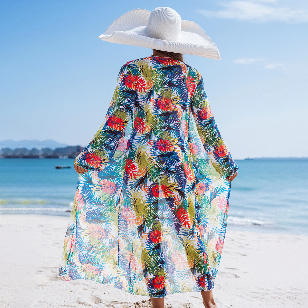 Tropical Print Three Piece Bikini Set with Side Tie Bottom and Sheer Cover-Up