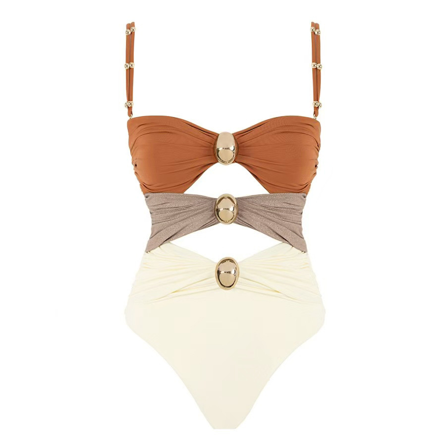 Colorblock One Piece Swimsuit with Gold Accents Detail and Matching Wrap Skirt