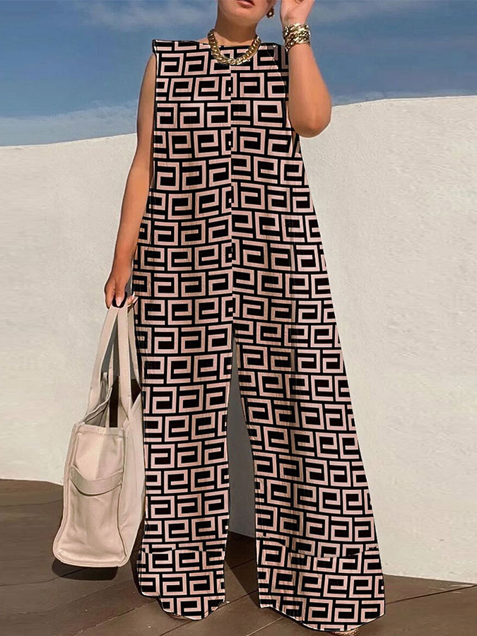 Women Casual Print Patchwork O-Neck Jumpsuit