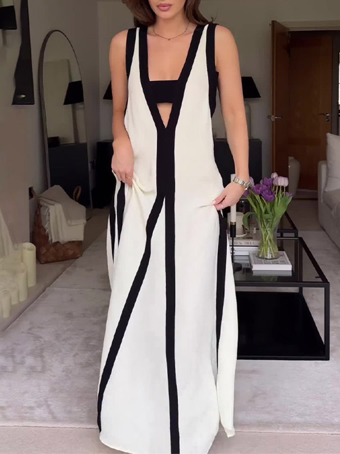 White-black Color-block V Neck Maxi Dress