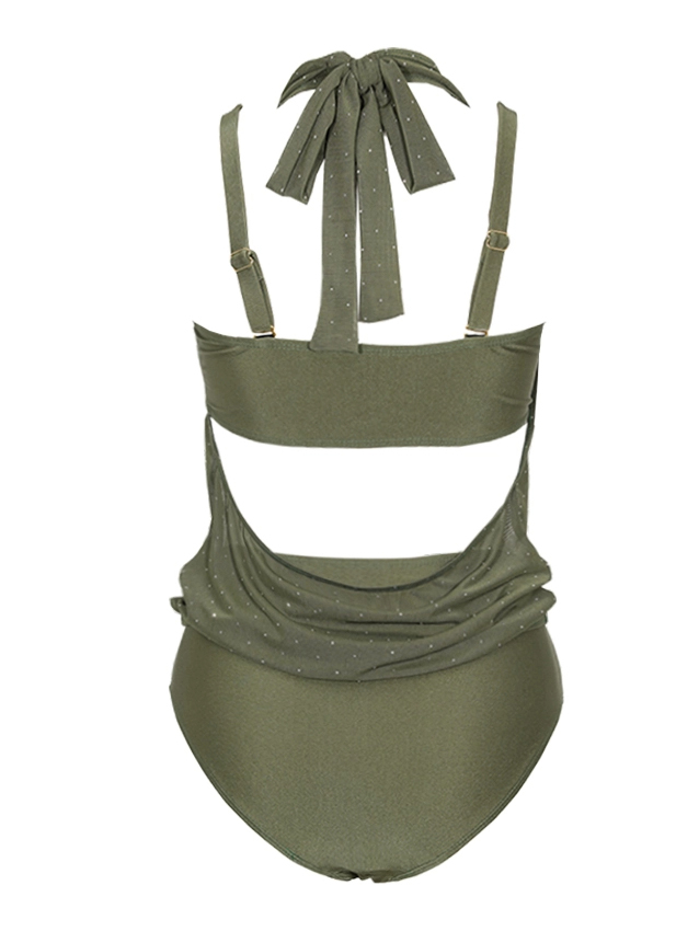 Luxury Olive Green Rhinestone Mesh Draped Halter O-Ring Bikini with High Waist Split Skirt 3 Piece Set