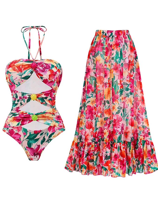 Halter Color Bead Printed One Piece Swimsuit and Skirt
