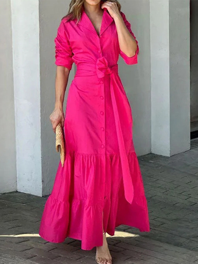 Long Sleeves Solid Lace-up Maxi Dress