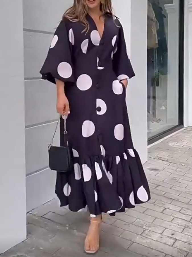 Puff Sleeves Buttoned Polka Dots Printed Shirt Dress