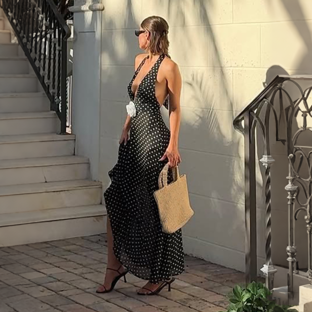 Polka Dot Mesh Maxi Dress with Halter Tie and Statement Floral Detail