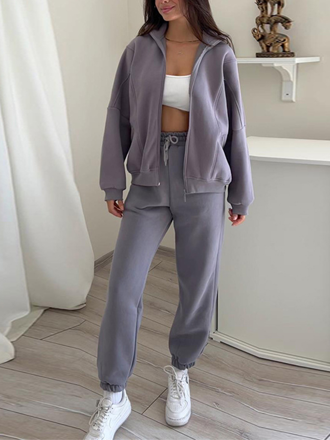 Plush Standing Collar Long Sleeved Sweatshirt and Pants Casual Suit