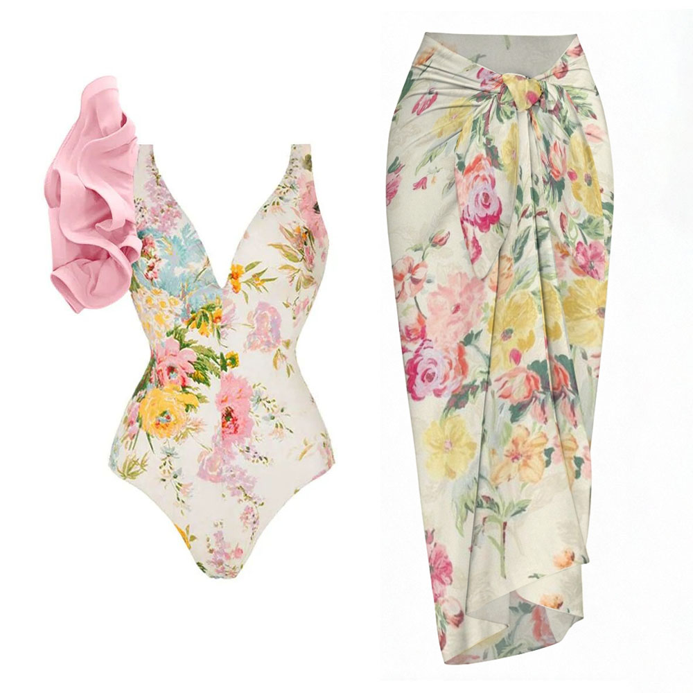 Women's Floral One-Piece Swimsuit with Ruffle Shoulder and Matching Sarong Beach Cover-Up