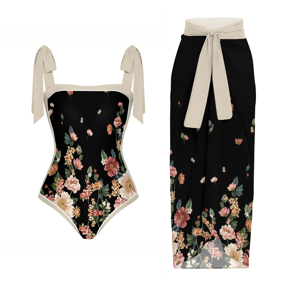Women's Floral Bow Straps One-Piece Swimsuit and Matching Sarong Skirt
