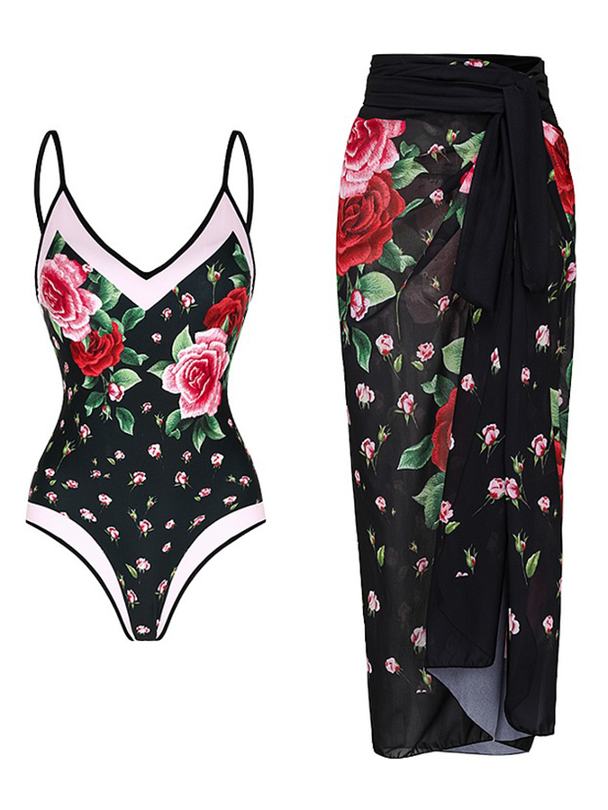 Reversible Rose Embroidery Printed Swimsuit and Sarong