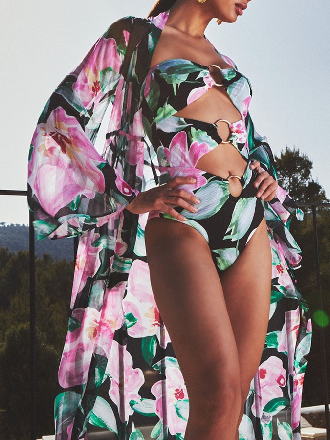 Floral Printed One Piece and Cover-up Swimsuit
