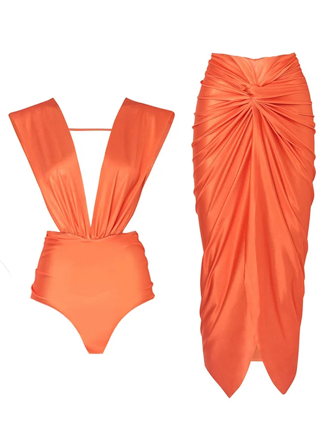 Shiny Texture Pleated Design One Piece Halter Swimsuit and Skirt