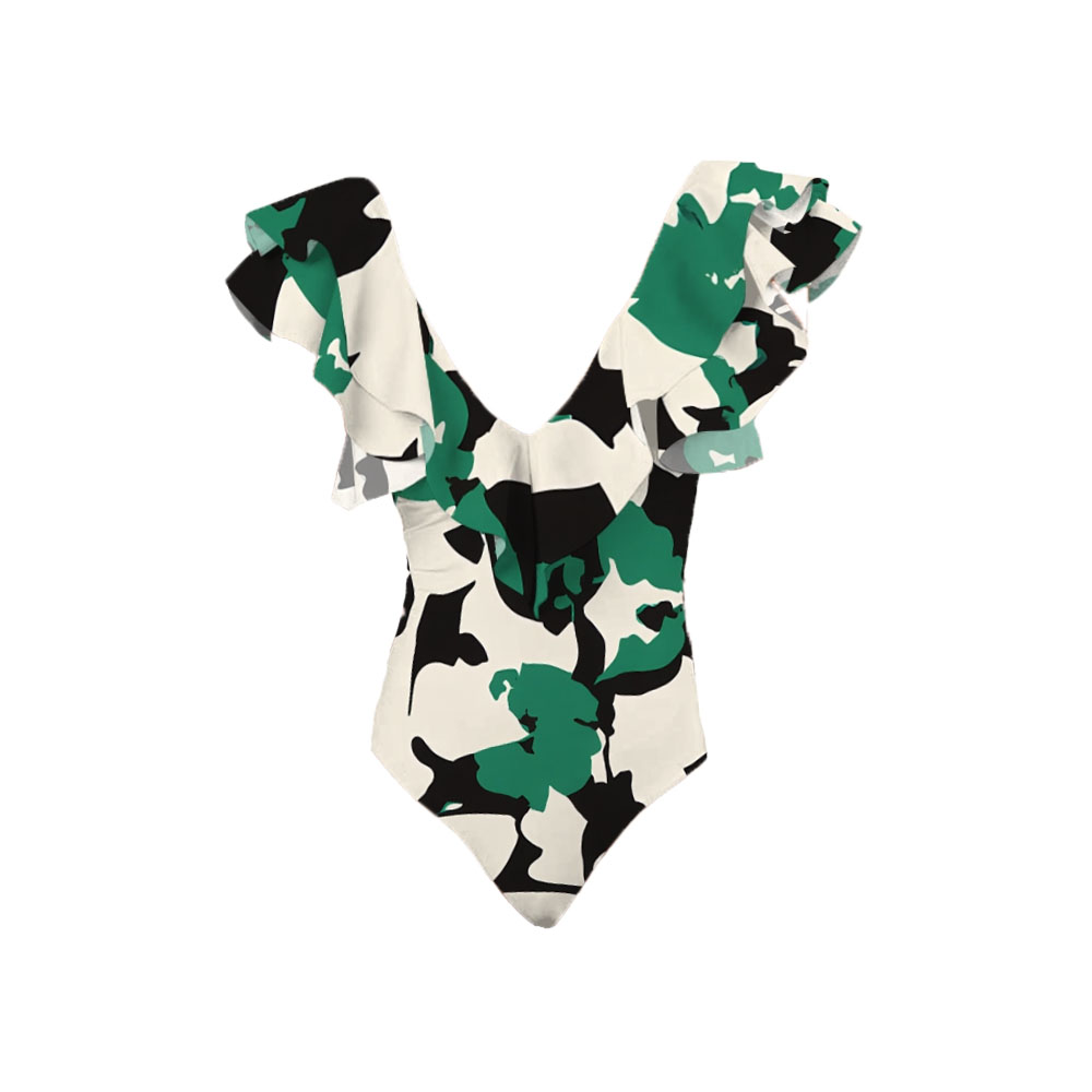 Ruffled Camouflage Print V-Neck One-Piece Swimsuit and Sarong Skirt