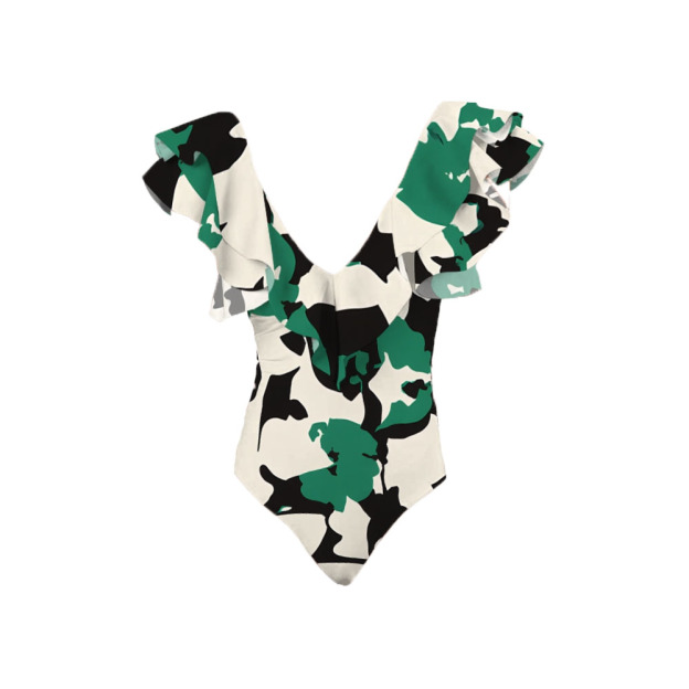 Ruffled Camouflage Print V-Neck One-Piece Swimsuit and Sarong Skirt