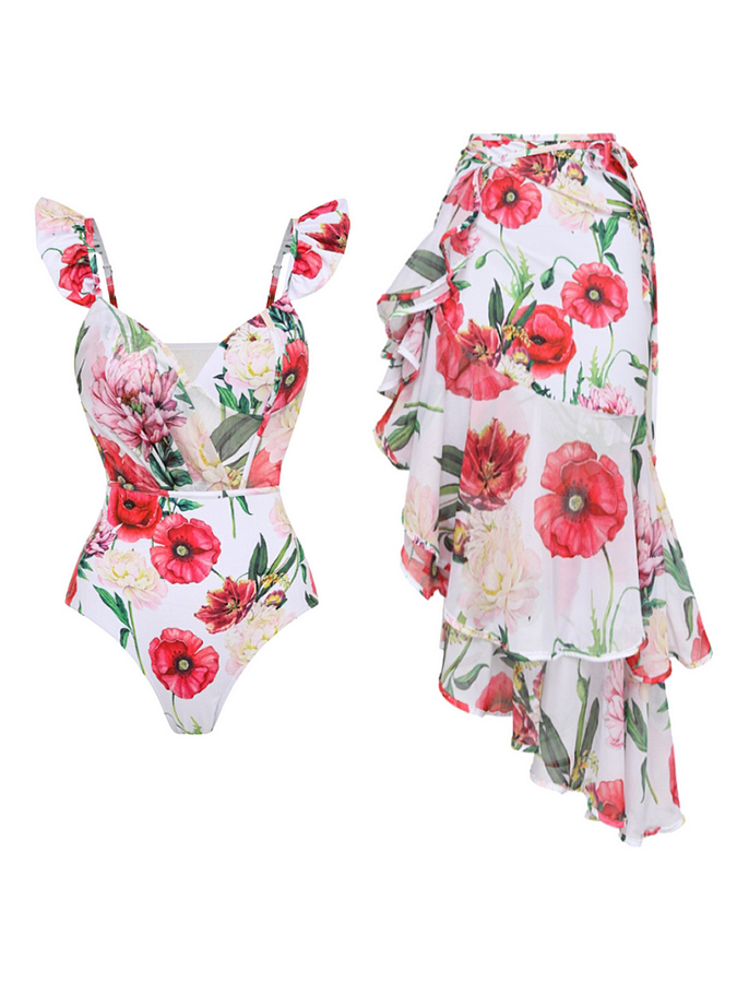 Puff Sleeves Printed Bikini Swimsuit and Sarong