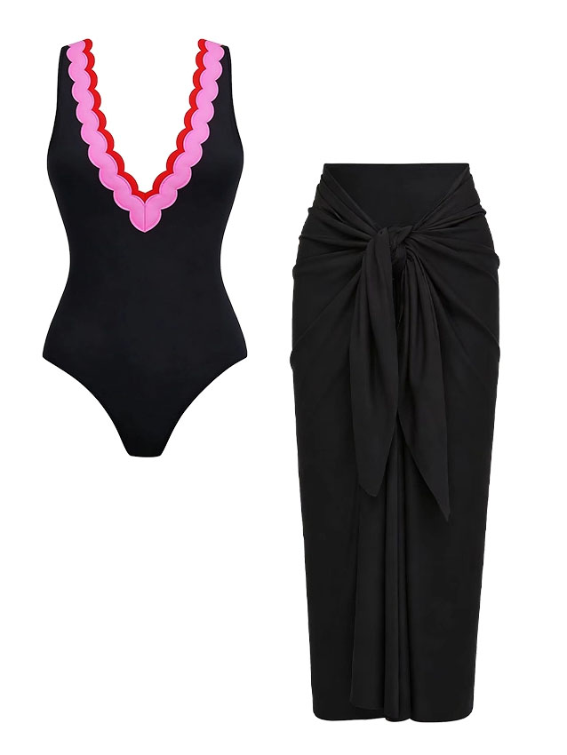Contrast Scallop Trim Sleeveless One-Piece with Sarong Set