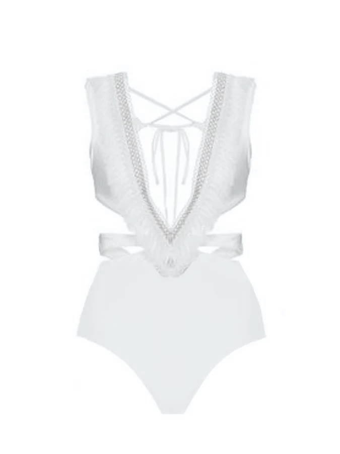 V Neck Tassel Cut Out One Piece Swimsuit