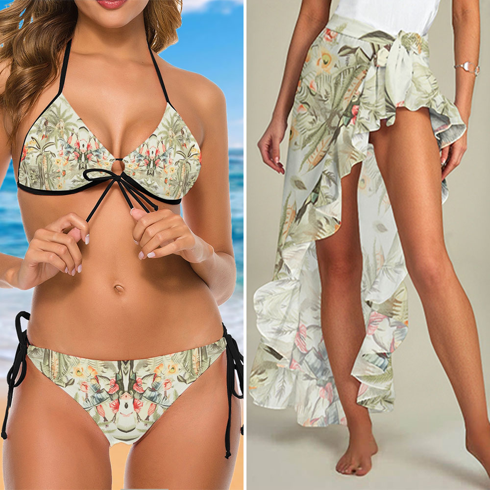 Tropical Floral 3-Piece Bikini Swimsuit with Matching Cover-Up and Wrap Skirt