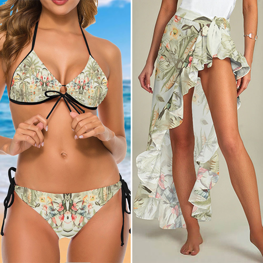 Tropical Floral 3-Piece Bikini Swimsuit with Matching Cover-Up and Wrap Skirt