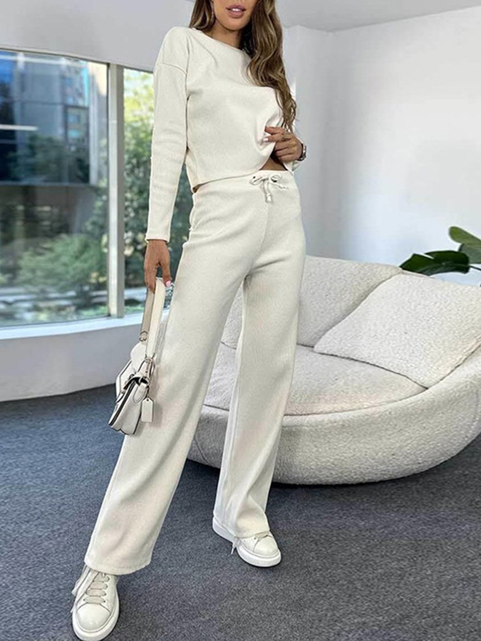 Round Neck Knitted Long Sleeved Top with Elastic Waist Pants Casual Set