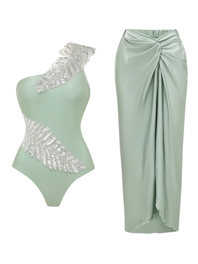 One Shoulder Green Leaf Sequin Embroidery One Piece Swimsuit and Sarong