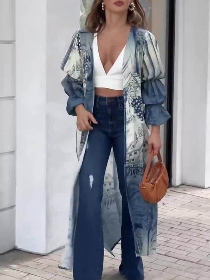 Puff Sleeves Printed Cardigan and Jeans Two Pieces Sets