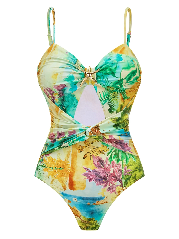 Tropical Island Landscape Floral Starfish Waist Twist Skirt Swimsuit