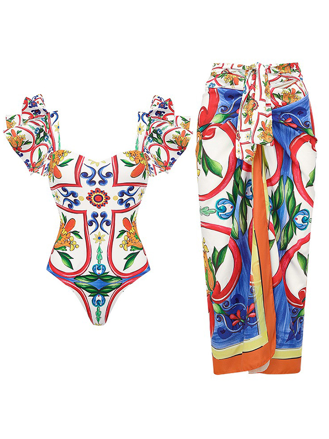 Ruffle Sleeves Paisley-print Bikini Swimsuit and Sarong