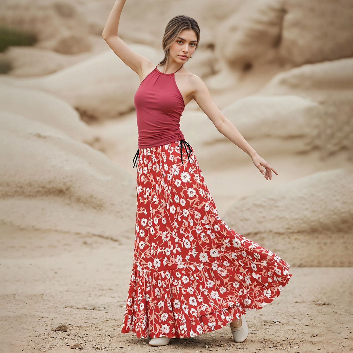 Three Piece Bikini Set with Solid Top Floral Bottom and Maxi Skirt