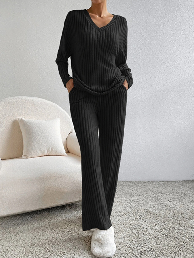 V Neck Long Sleeves Solid Top and Pants Two Pieces Sets