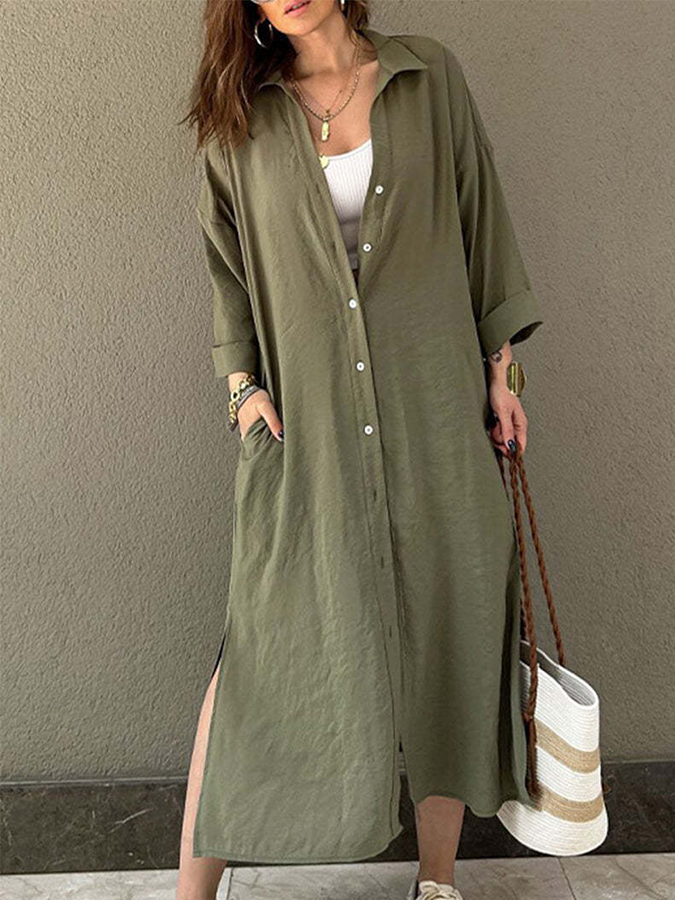 Solid Long Sleeves Buttoned Shirt Dress