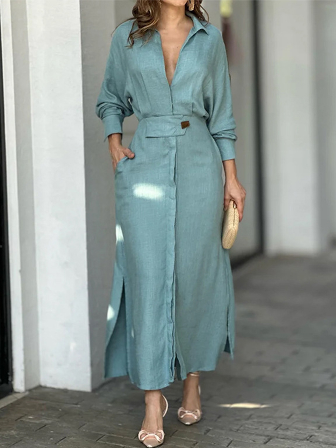 Solid Long Sleeves Buttoned Shirt Maxi Dress