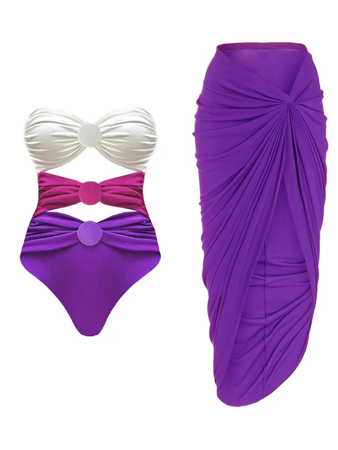 Contrast Color Hollow One Piece Swimsuit and Skirt