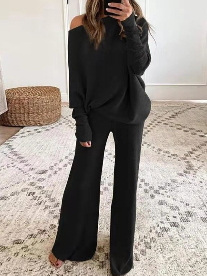 Knitted Long Sleeves Solid Top and Pants Two Pieces Sets