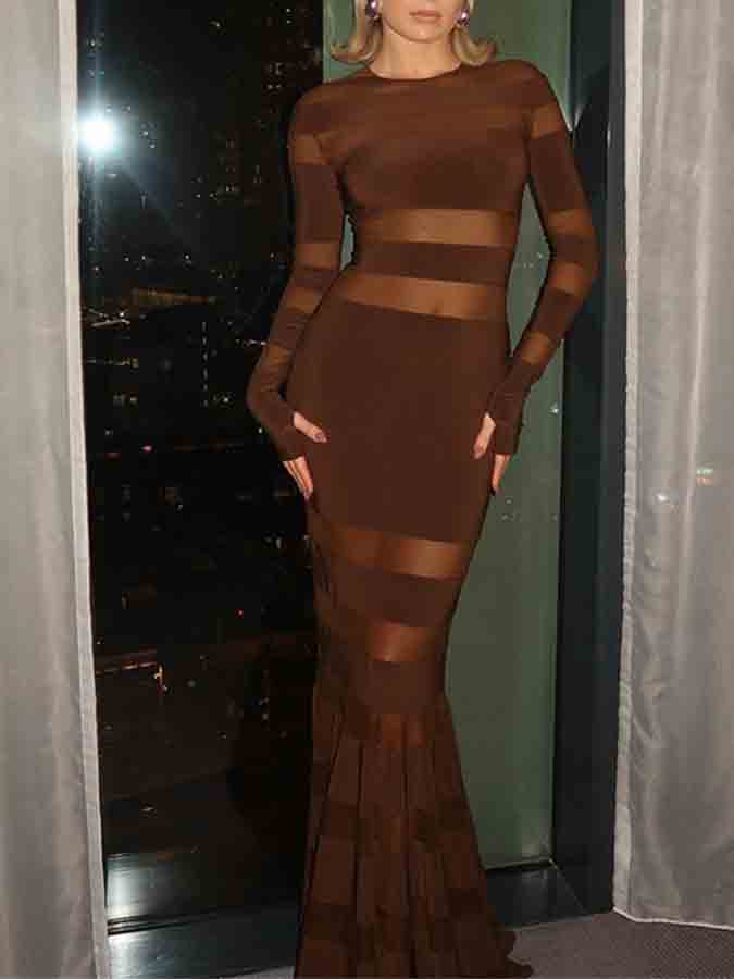 Mesh Paneled Long Sleeves Slim Maxi Evening Dress