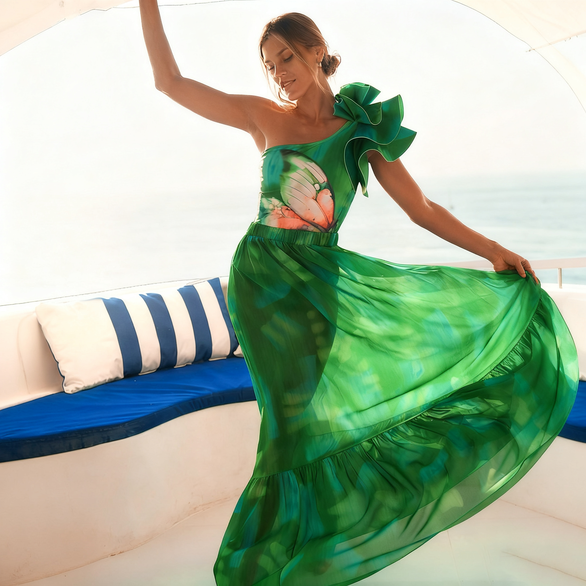 Women's One-Shoulder Ruffle Top with Butterfly Print One-Piece Swimsuit with Skirt