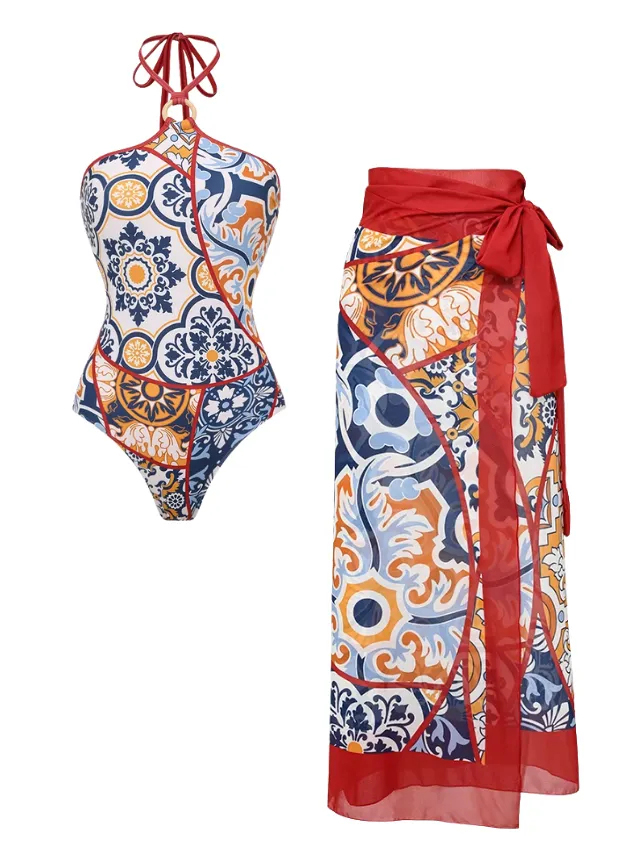 Vintage Printed Halter One Piece Swimsuit and Sarong