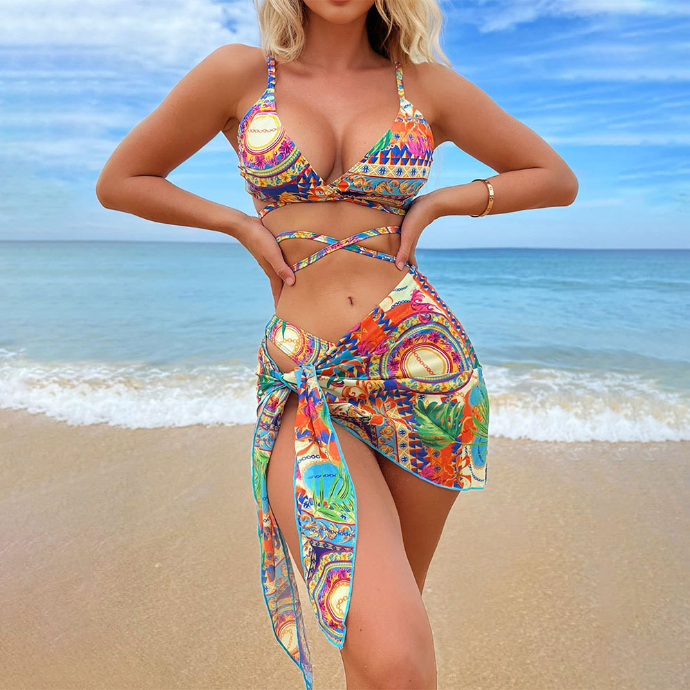 Women's Sexy Open-Back 3-Piece Set with Vintage Print