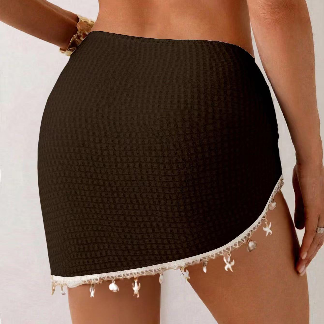 Black Knit Cover-Up Skirt Embellished with Shells, Starfish, and Fringe