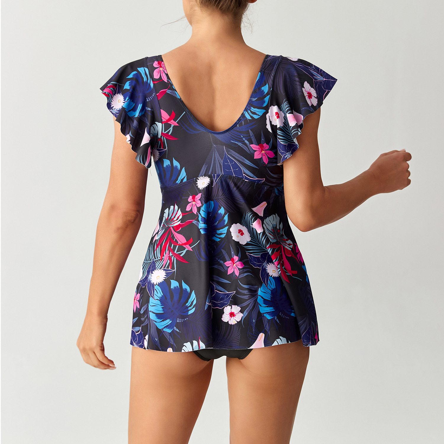 Women's Short Sleeve Ruffle Trim Skirted Swimwear Set with Tropical Botanical Print