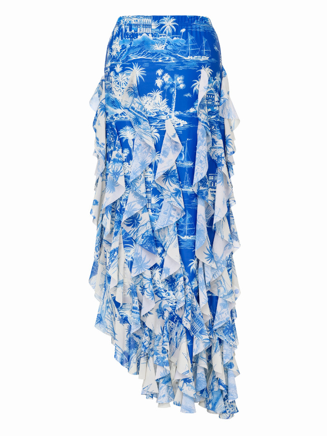 New Blue Palm Tree Island Print One-Piece Swimsuit Set with Skirt