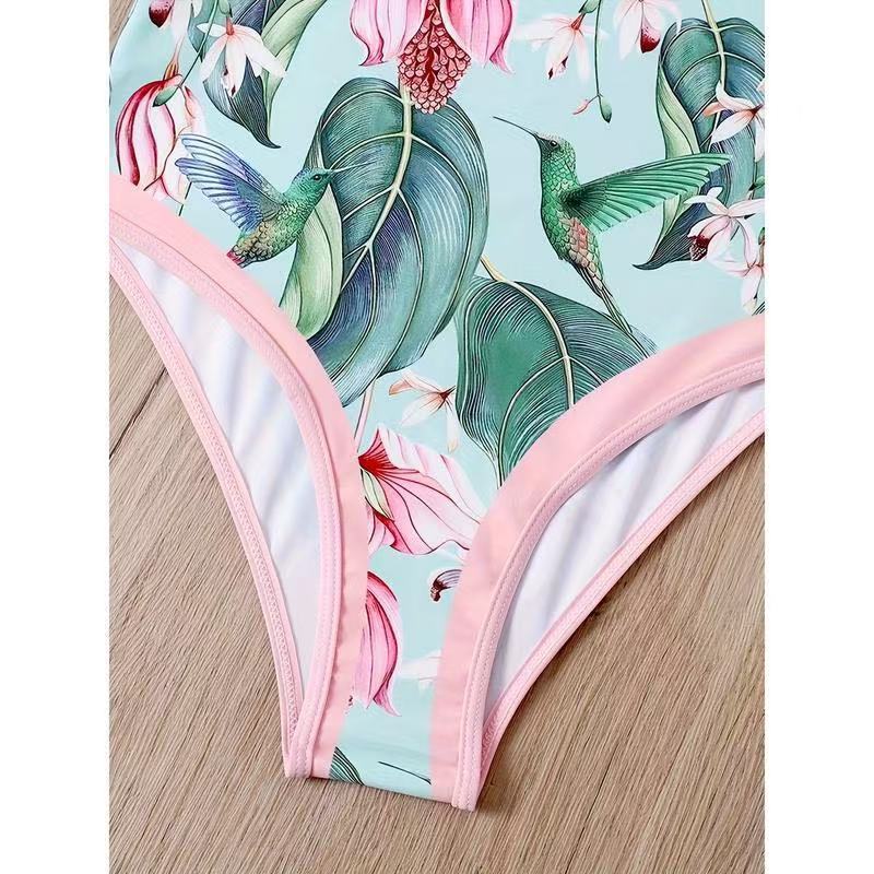 Women's Romantic Pink Botanical Print with Birds One-Piece Swimsuit and Matching Maxi Skirt
