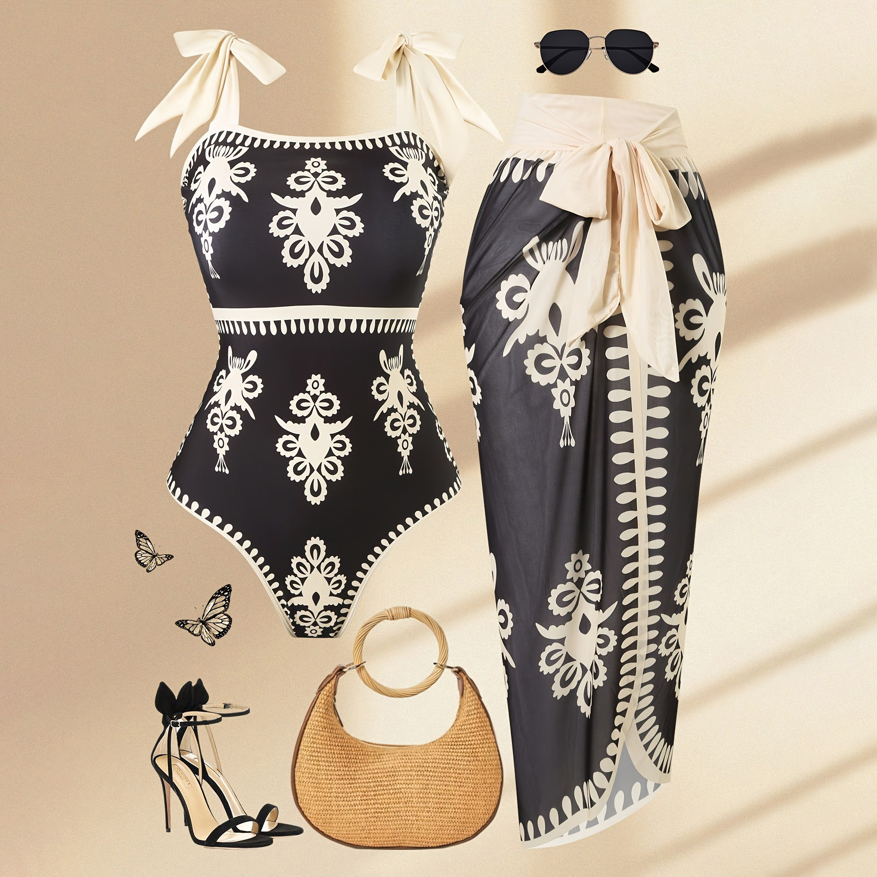 Women's Elegant Vintage Print One-Piece Swimsuit with Skirt