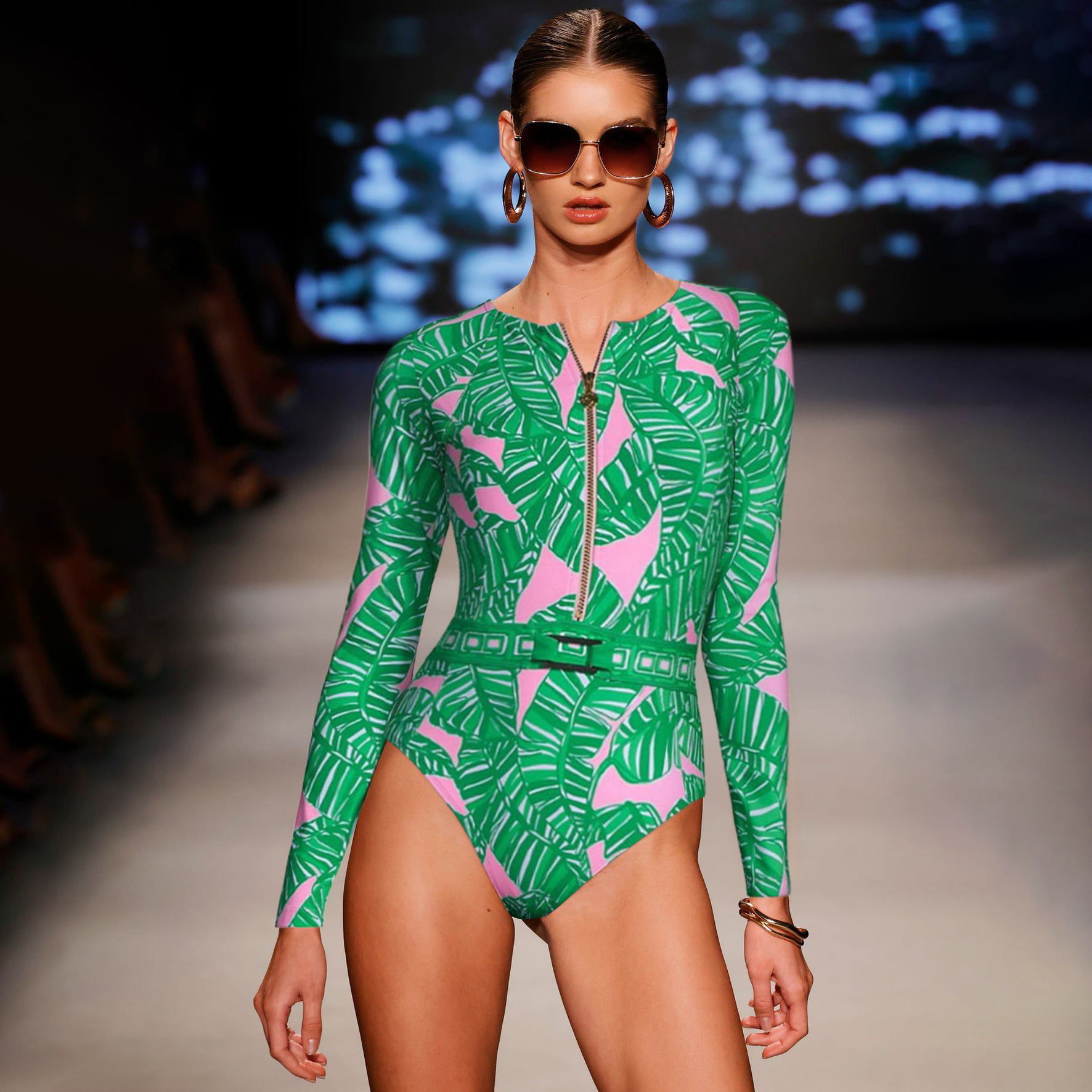 Women's New Long Sleeve Zip-Front Swimsuit with Green Print One-Piece Swimsuit with Skirt or Shorts