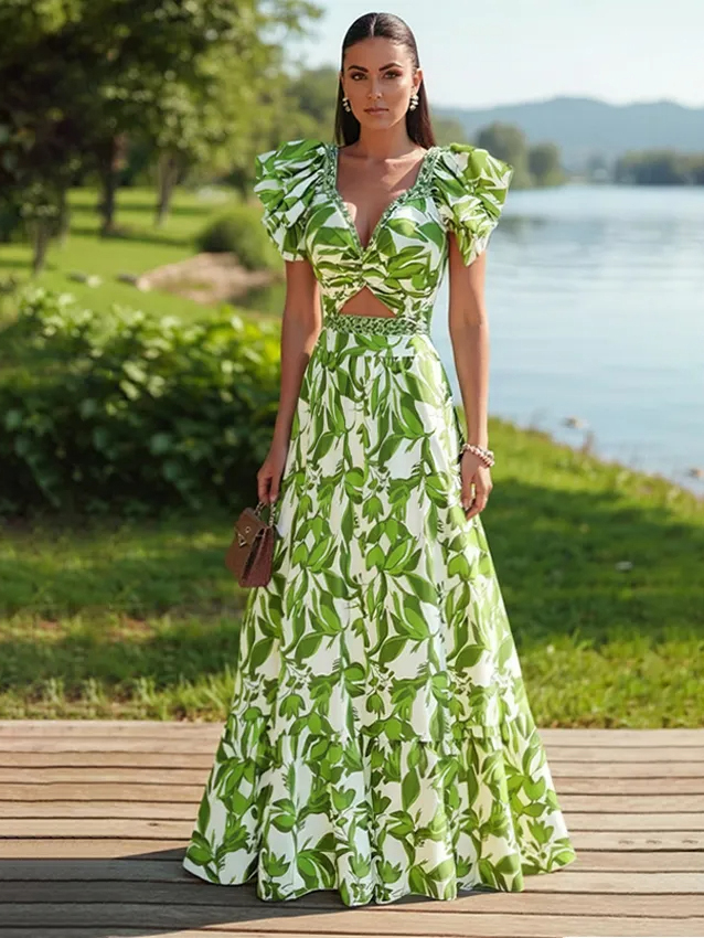 Ruffle V Neck Green Print Cut Out Swimsuit Set