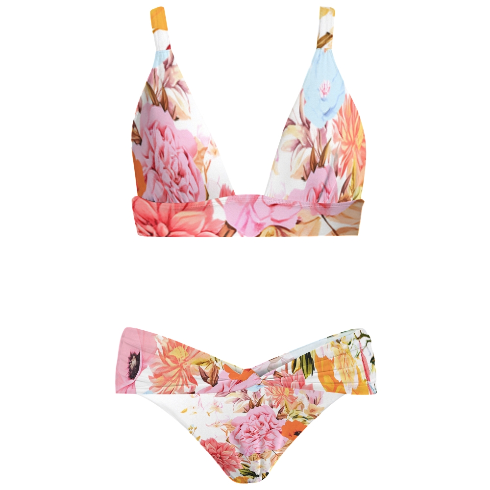 Floral Print Two-Piece Bikini Set and Wrap Sarong Skirt