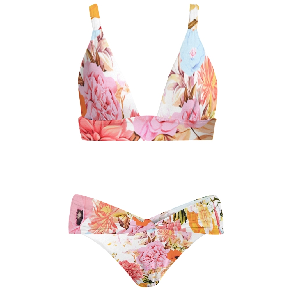 Floral Print Two-Piece Bikini Set and Wrap Sarong Skirt