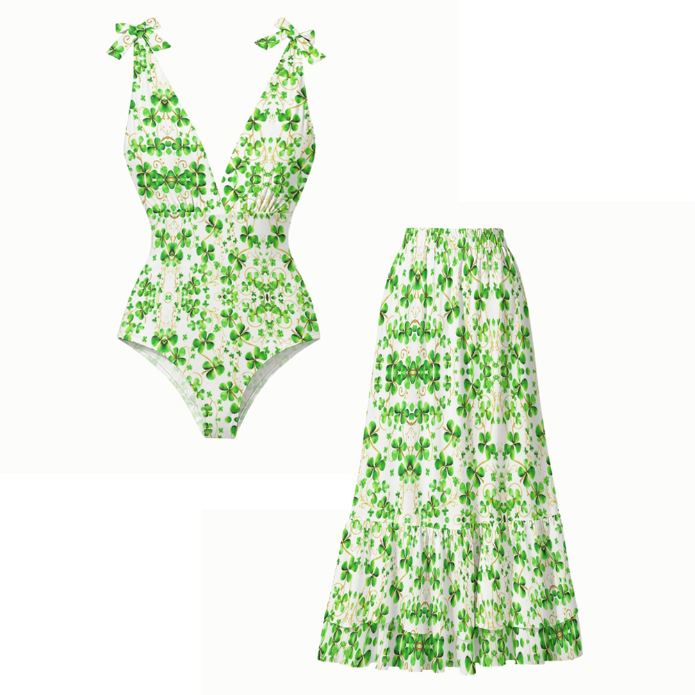 Clover Print Swimsuit with Ruffle Cover Up Skirt Set