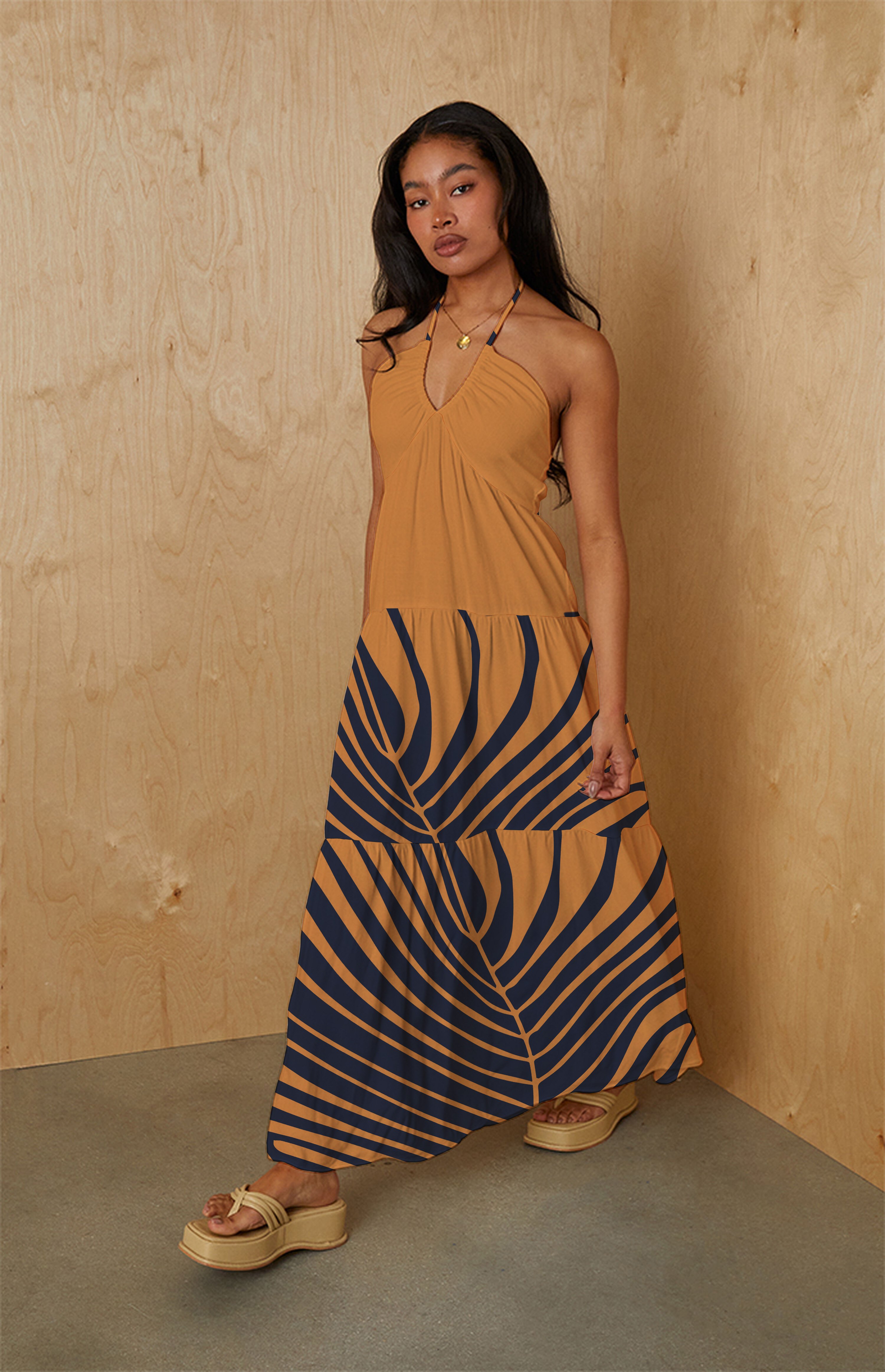 Mustard Yellow Dark Blue Palm Leaf Halter Maxi Dress