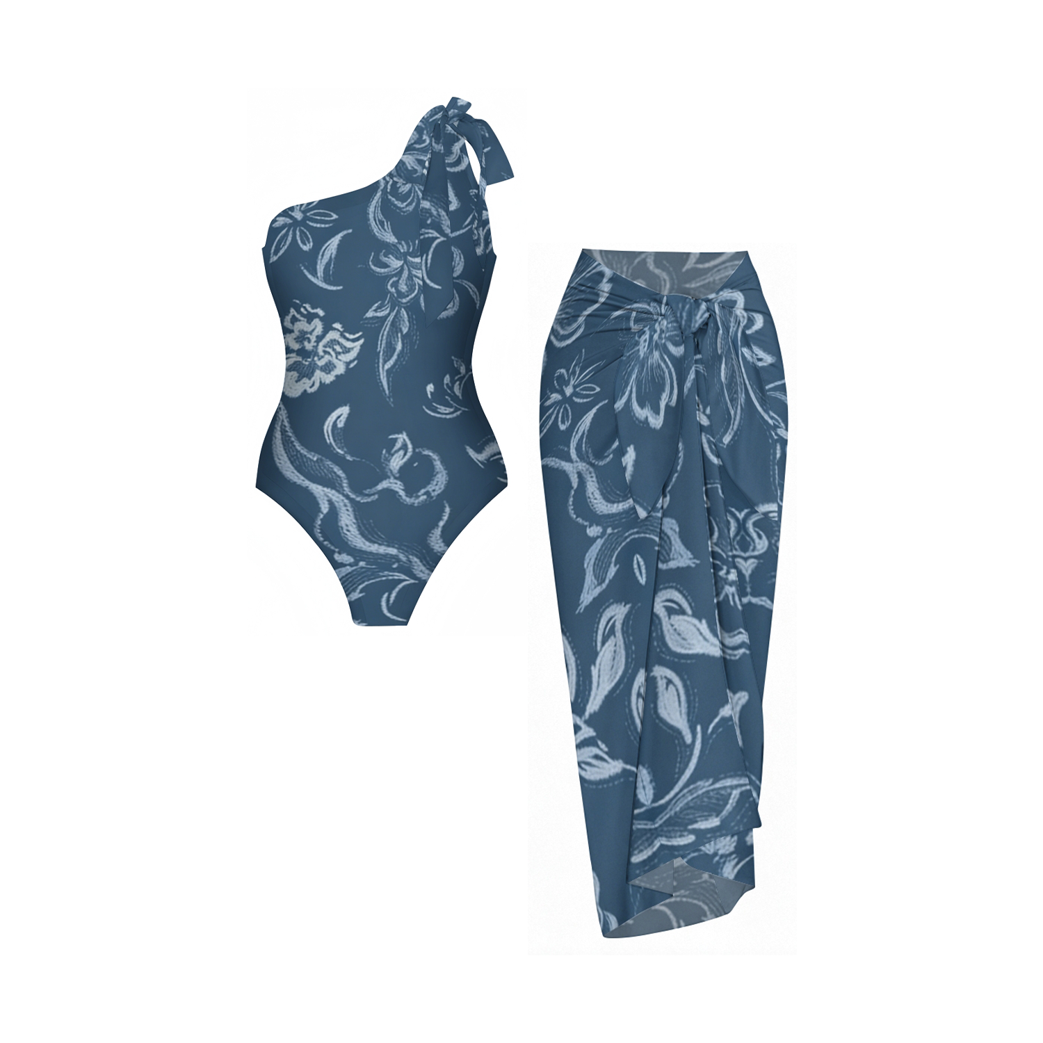 Retro Baroque Floral Vine Twist Asymmetrical Skirt Swimsuit